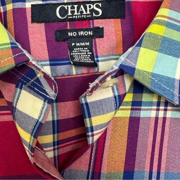 Chaps Womens Plaid Button Down Shirt Multi Color Red Blue 3/4 Sleeve Sz Petite M - Picture 9 of 12